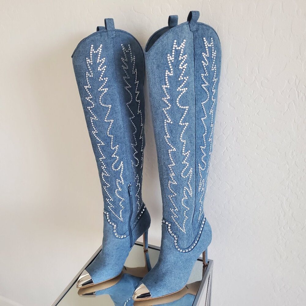 Gianni Bini KaterinaTwo Wide Calf Denim Rhinestone Over-the-Knee Dress Boots